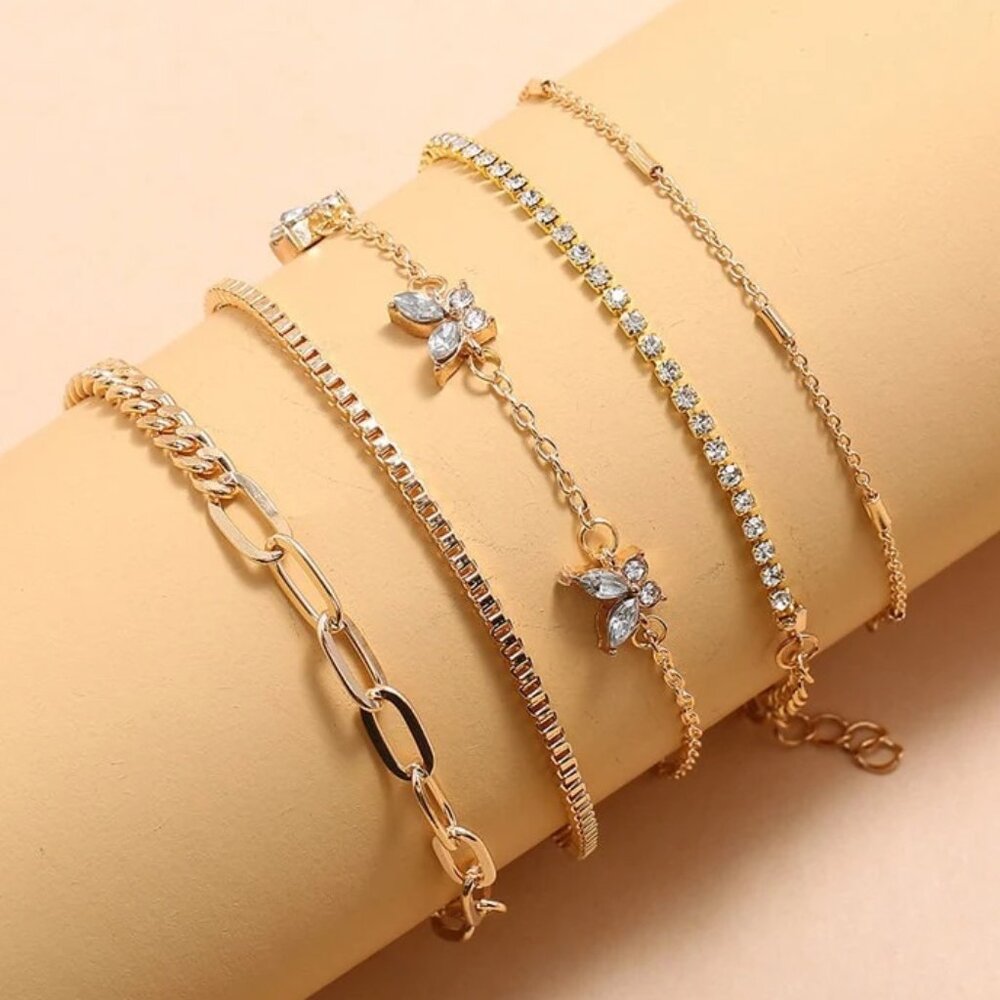Five Piece - Elegant Gold Tone Bracelet Set - Crystal Butterfly